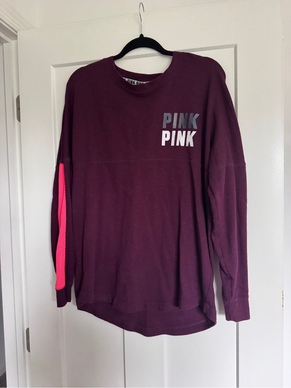 PINK Victoria's Secret Maroon Crewneck Sweatshirt with Neon Pink Sleeve Accent